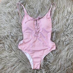 Stripe Lace up front low back one piece swimsuit